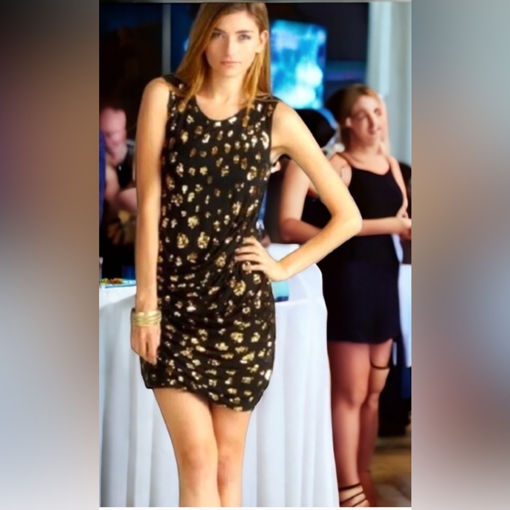 NWT French Connection Sleeveless Galaxy Jersey Gathered Mini Dress in Blk/Gold